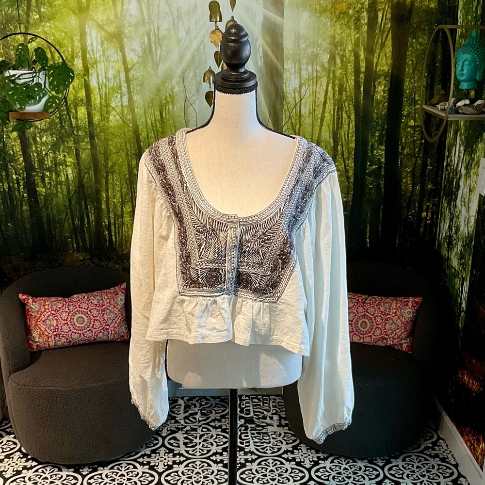 Free People Cream Blouse with Black Embroidery